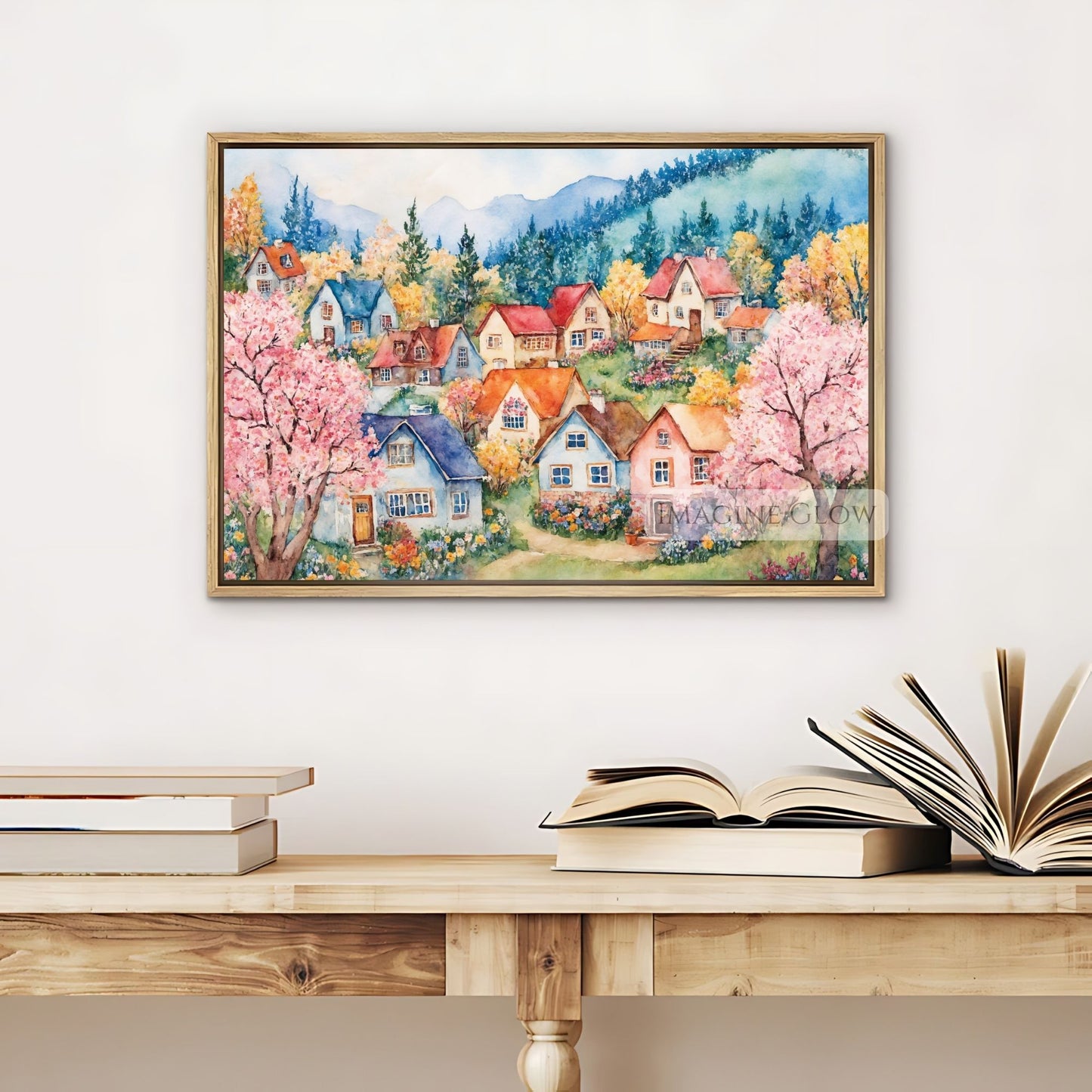 Rustic floral village artwork for spring-themed wall decor
