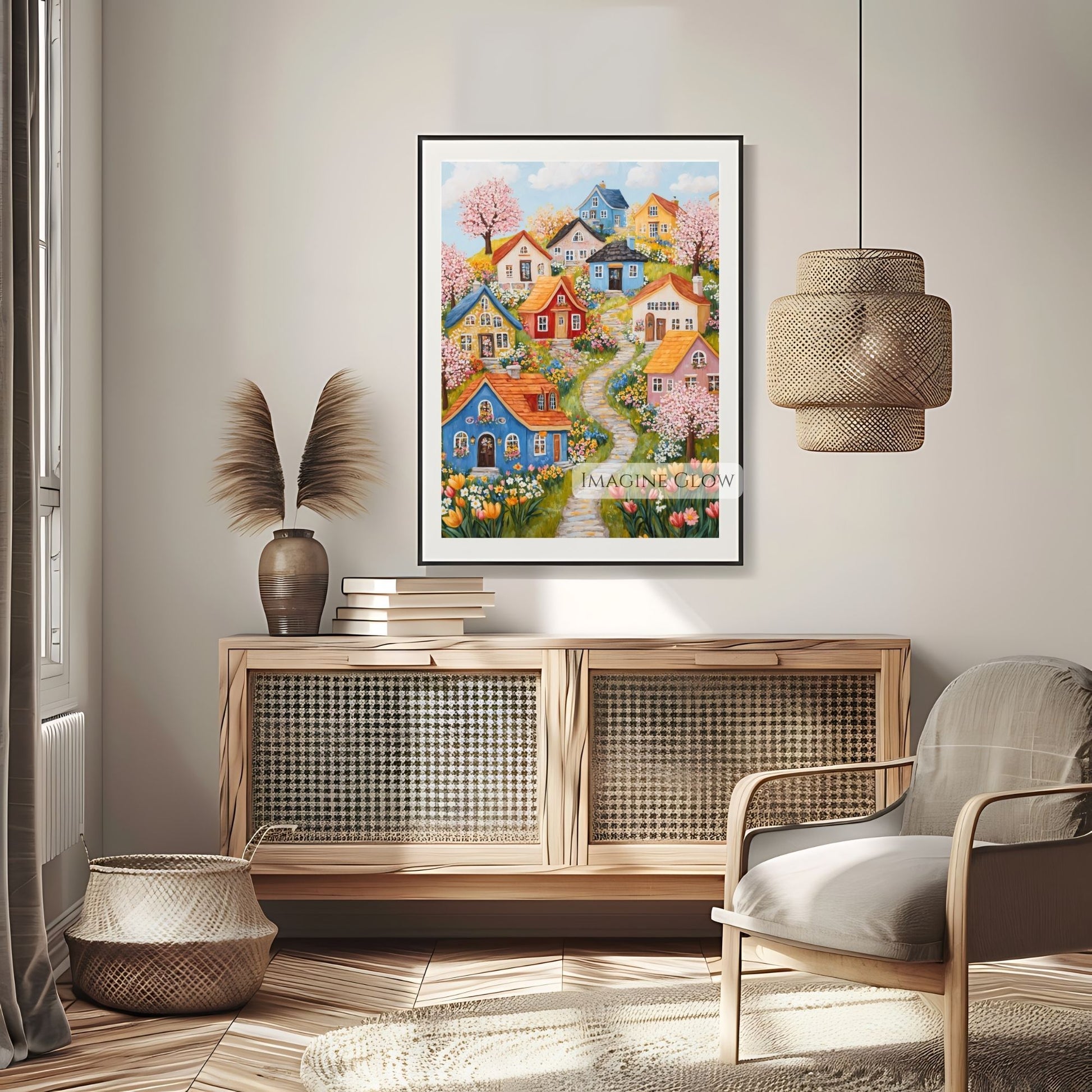 Digital print of colorful houses and wildflowers in spring
