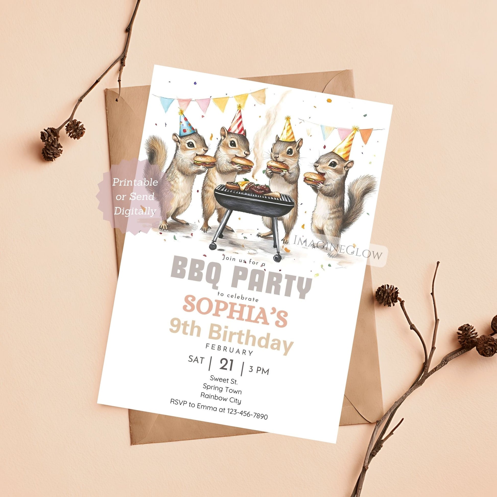 Squirrel BBQ Birthday Invitation for a fun outdoor party.
