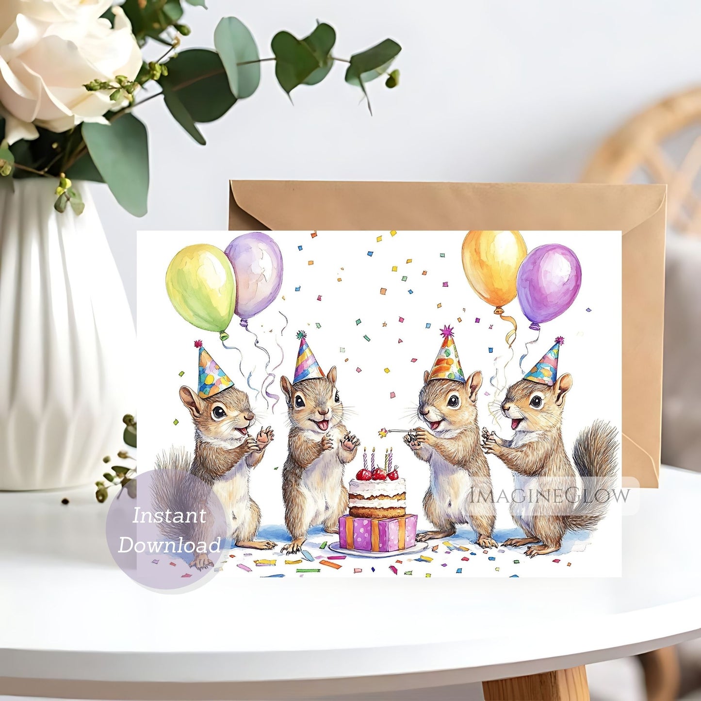 Birthday card with squirrels blowing out candles on a cake, surrounded by balloons and confetti.