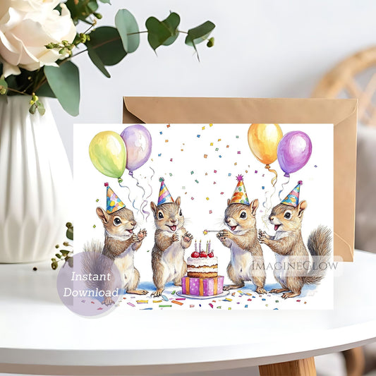 Birthday card with squirrels blowing out candles on a cake, surrounded by balloons and confetti.