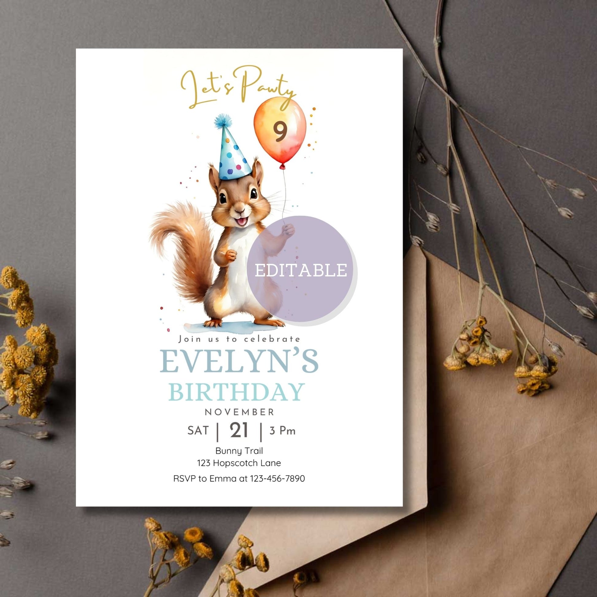 Editable Squirrel birthday invitation template with customizable balloon number.