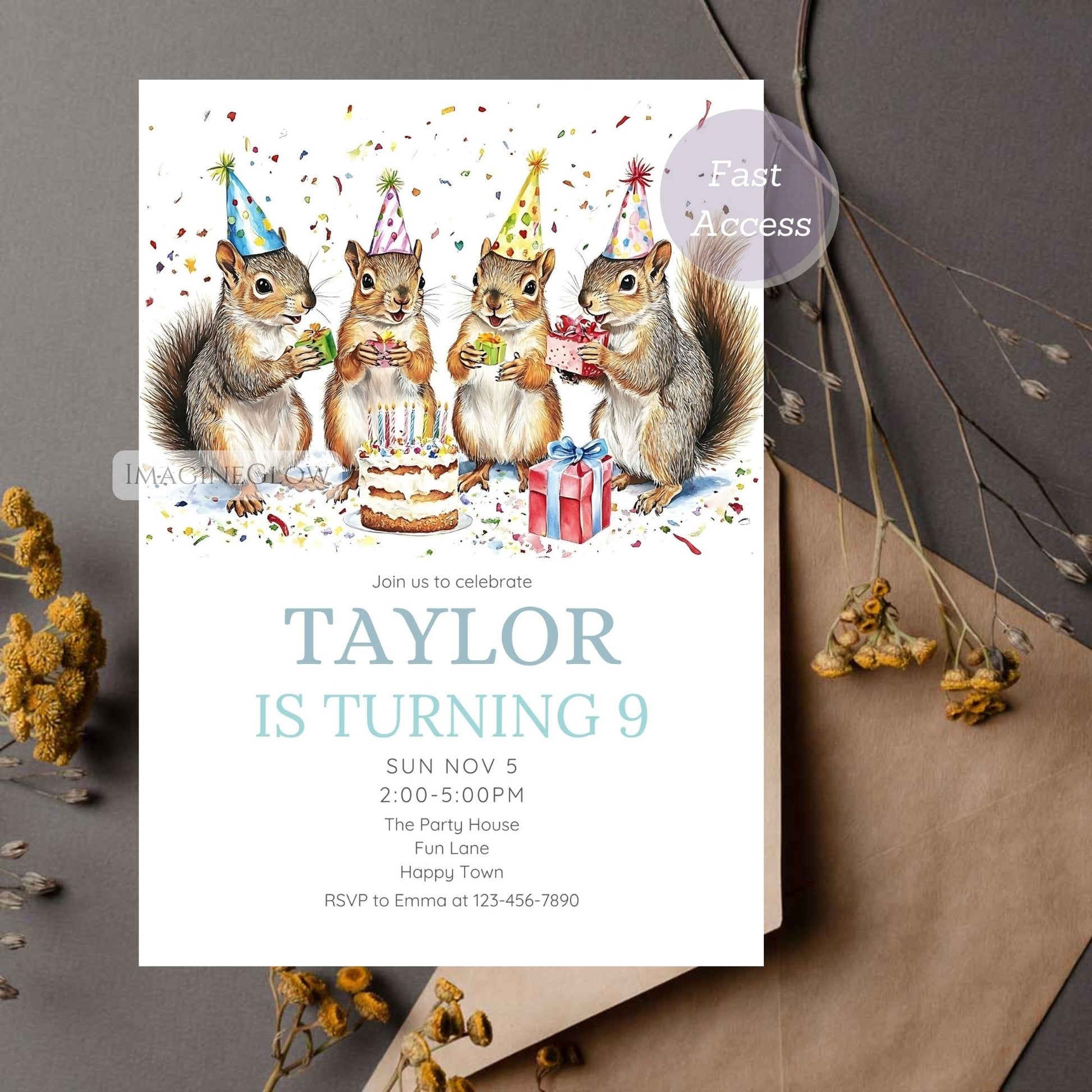 Cute Squirrel Party Invitation for Kids
