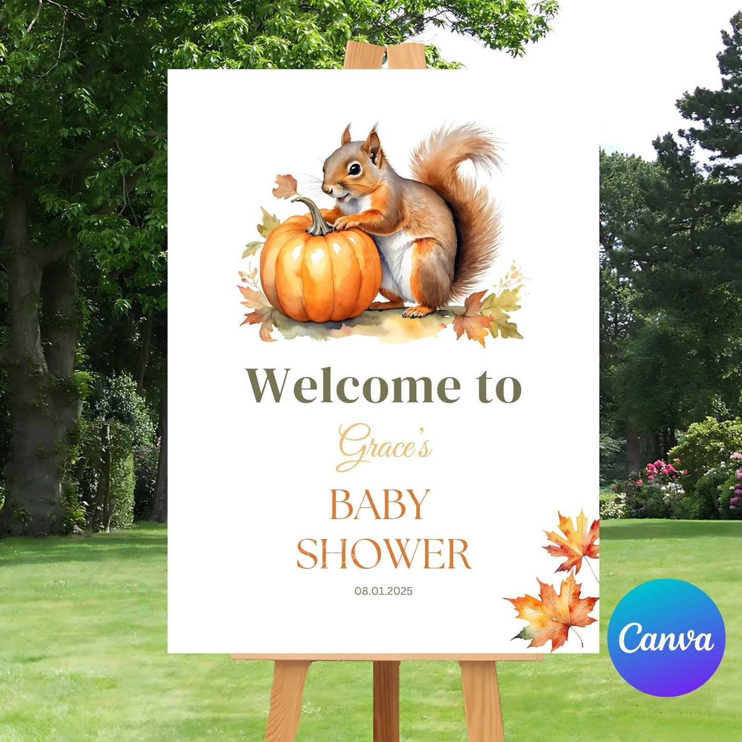 Editable Little Pumpkin baby shower poster with fall theme squirrel.
