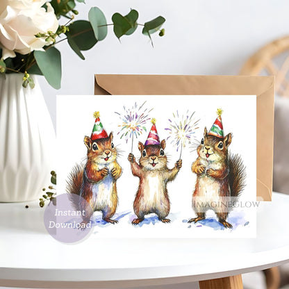 Greeting card with three squirrels wearing party hats and holding fireworks, on a white background.