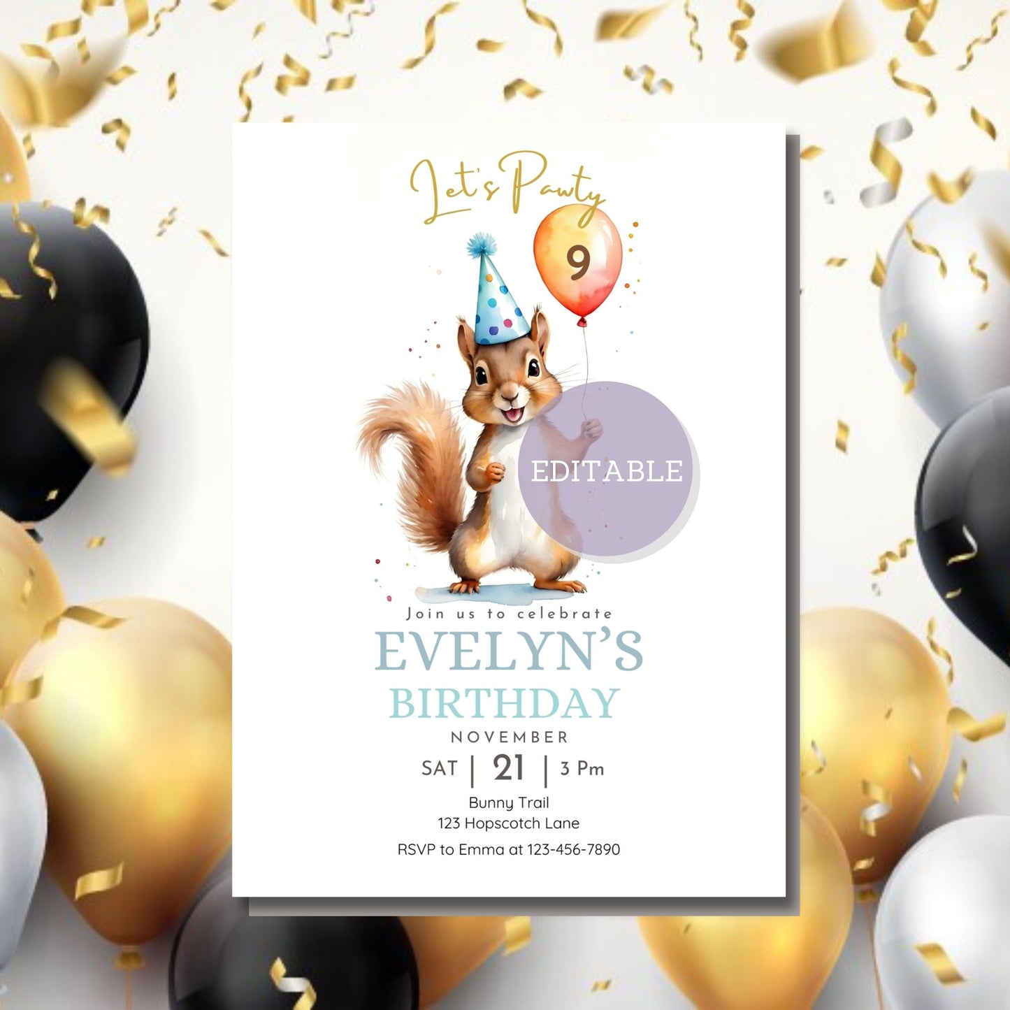 Customizable birthday invitation with balloon number and Squirrel design.