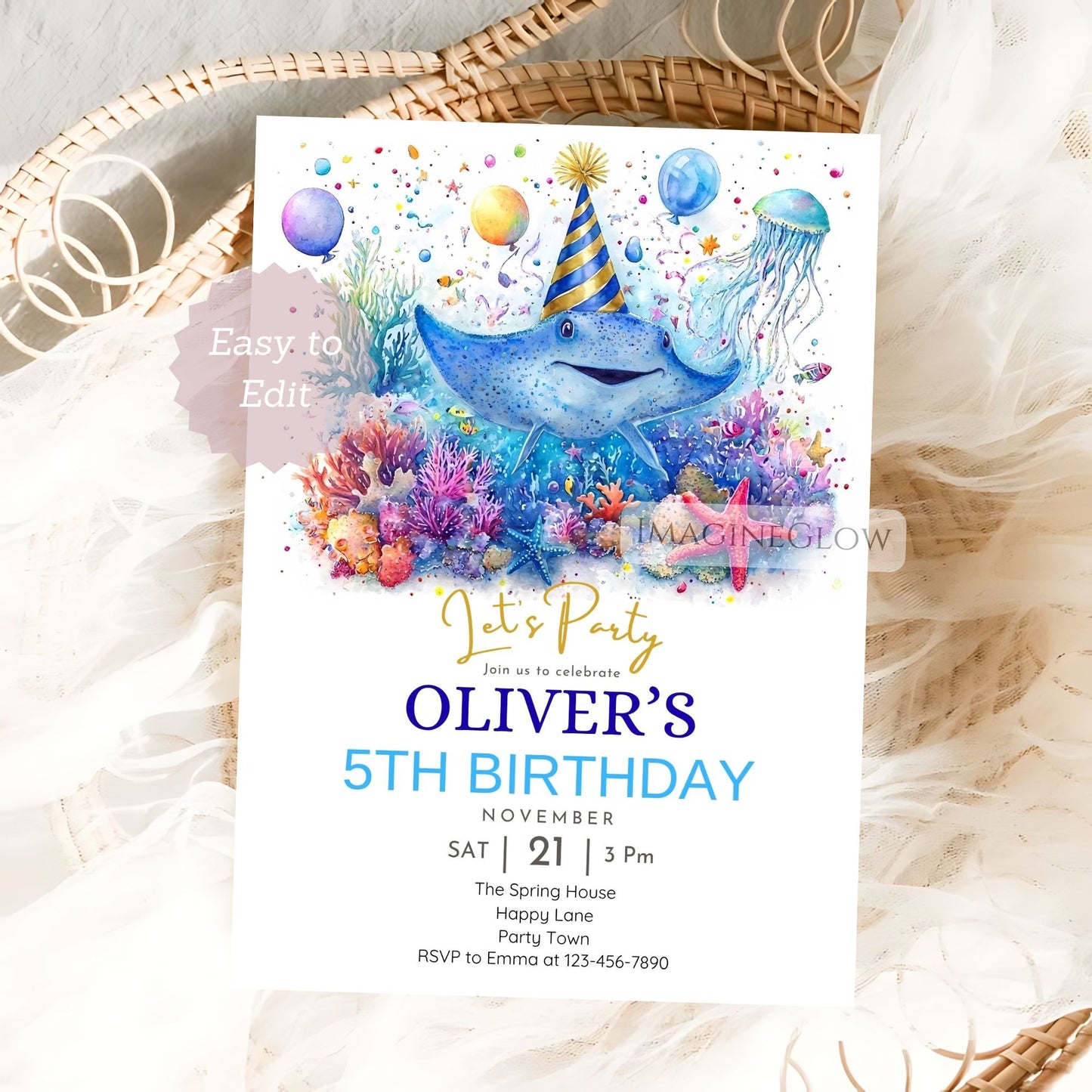 Blue watercolor stingray birthday invitation template for an under the sea party.