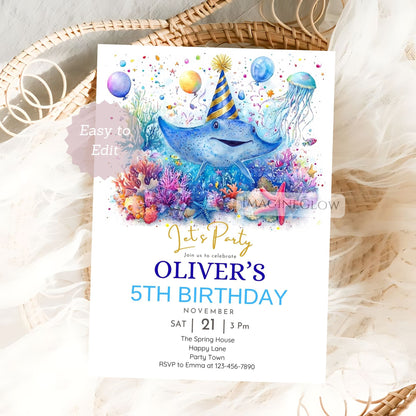 Blue watercolor stingray birthday invitation template for an under the sea party.