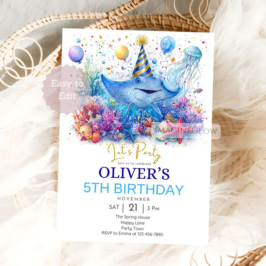 Blue watercolor stingray birthday invitation template for an under the sea party.