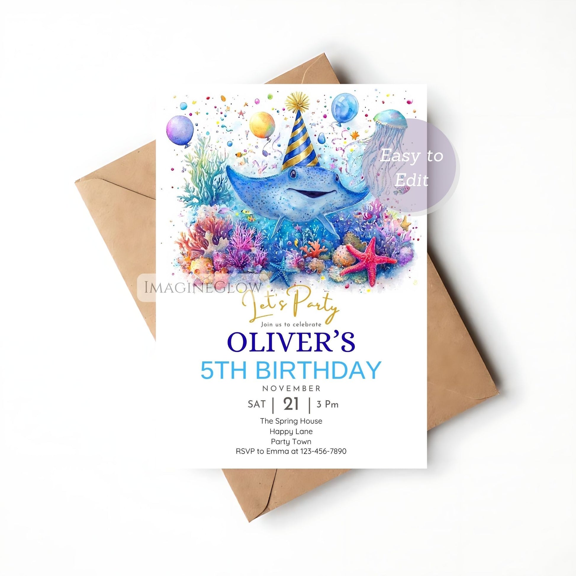 Instant download stingray invitation template with customizable text and fonts.