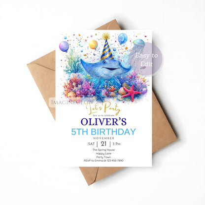 Instant download stingray invitation template with customizable text and fonts.