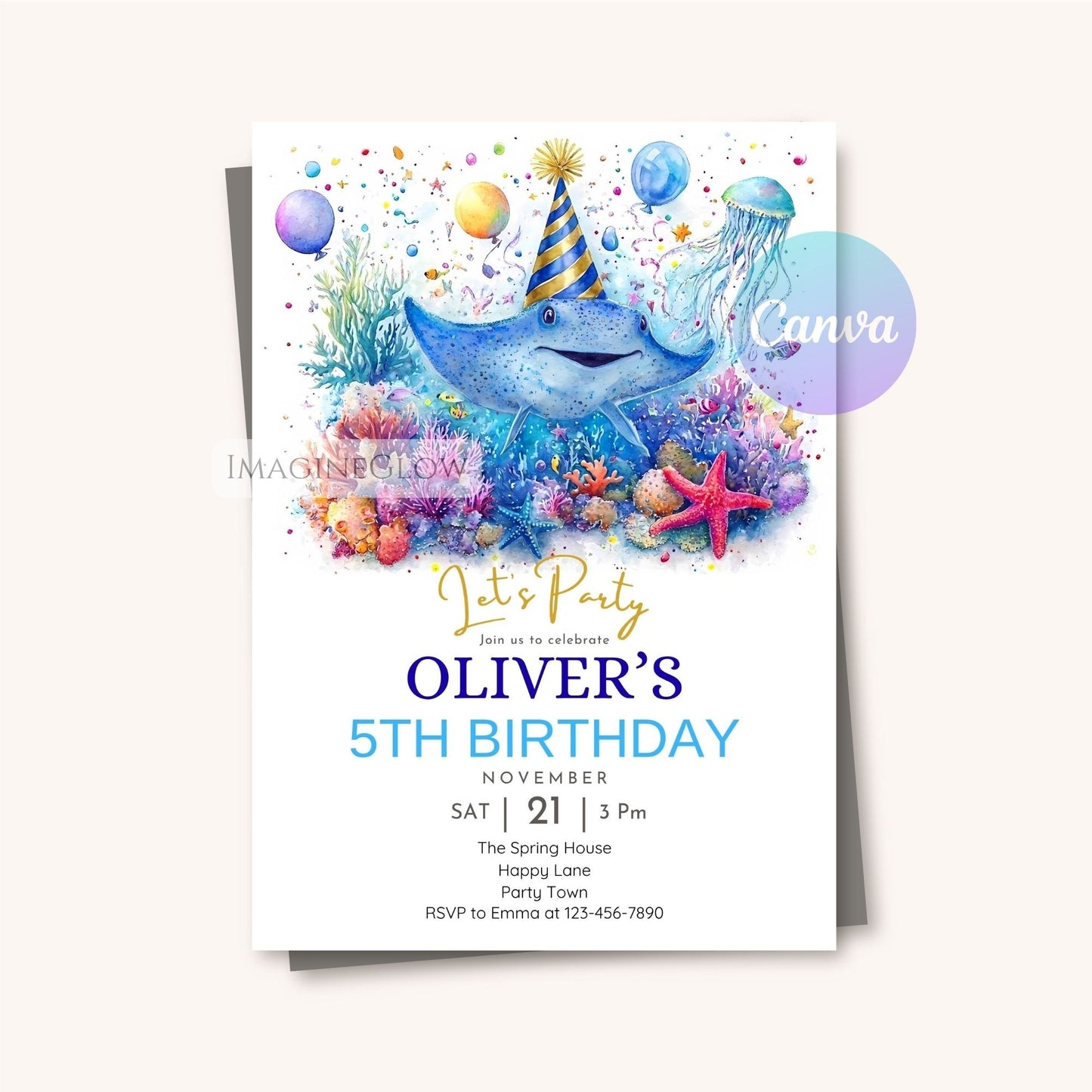 Mobile-friendly digital stingray party invitation for texting or social media.