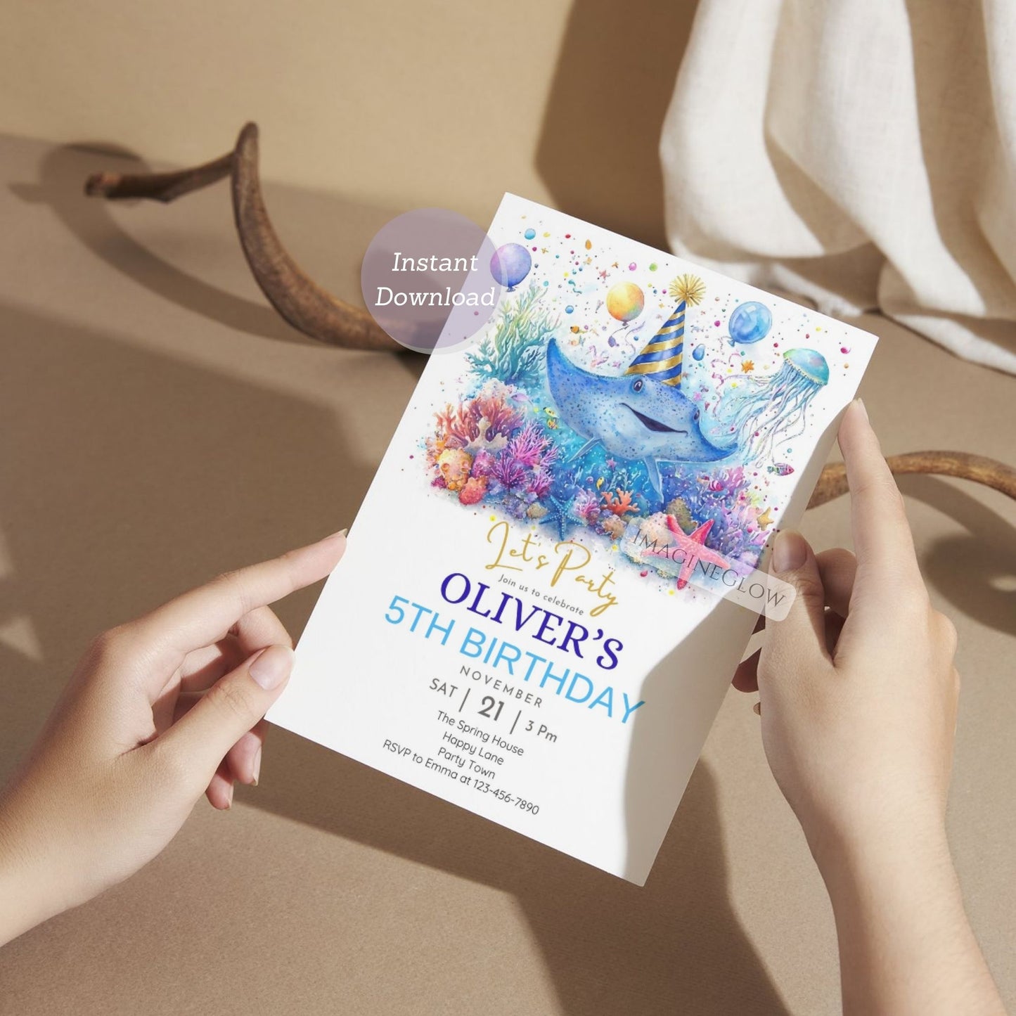 Stingray themed birthday invitation for a boys ocean adventure party with bubbles.