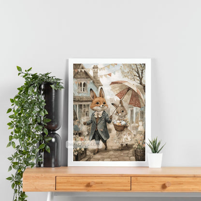 Fox & Bunny Easter Print - Victorian Storybook Art
