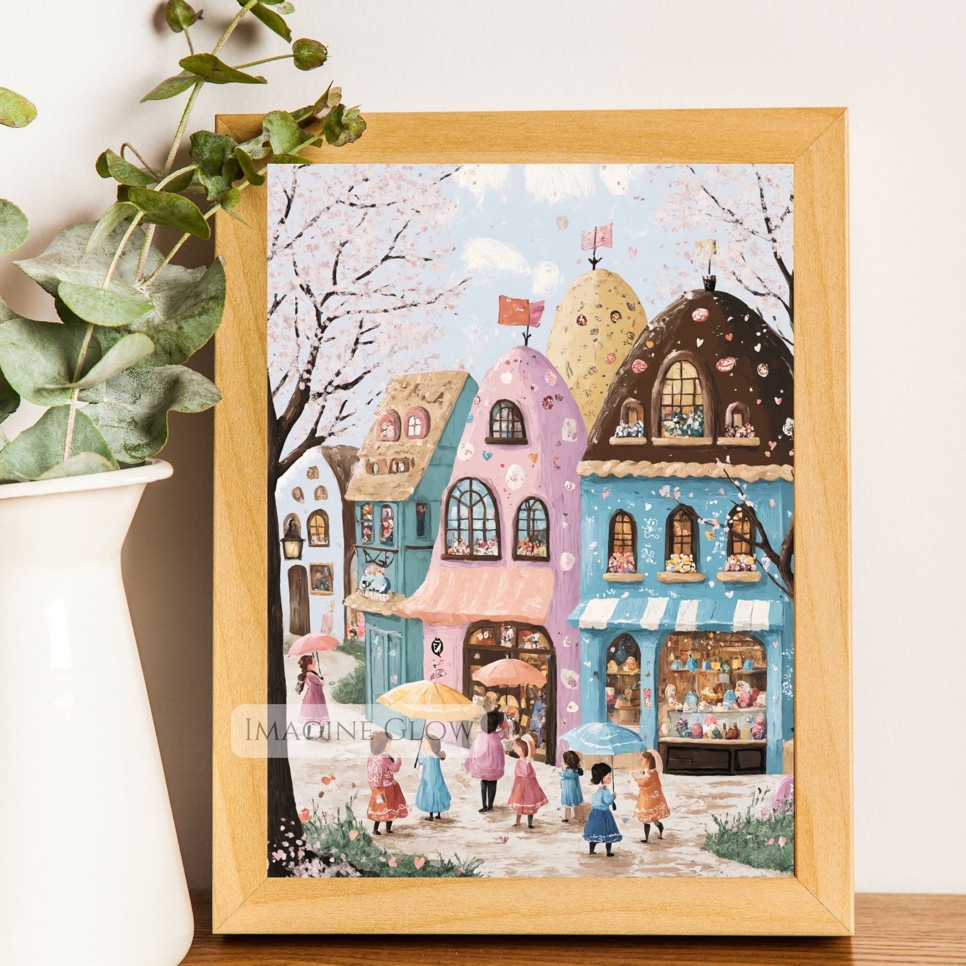 Charming Easter village with blooming cherry blossoms and candy eggs
