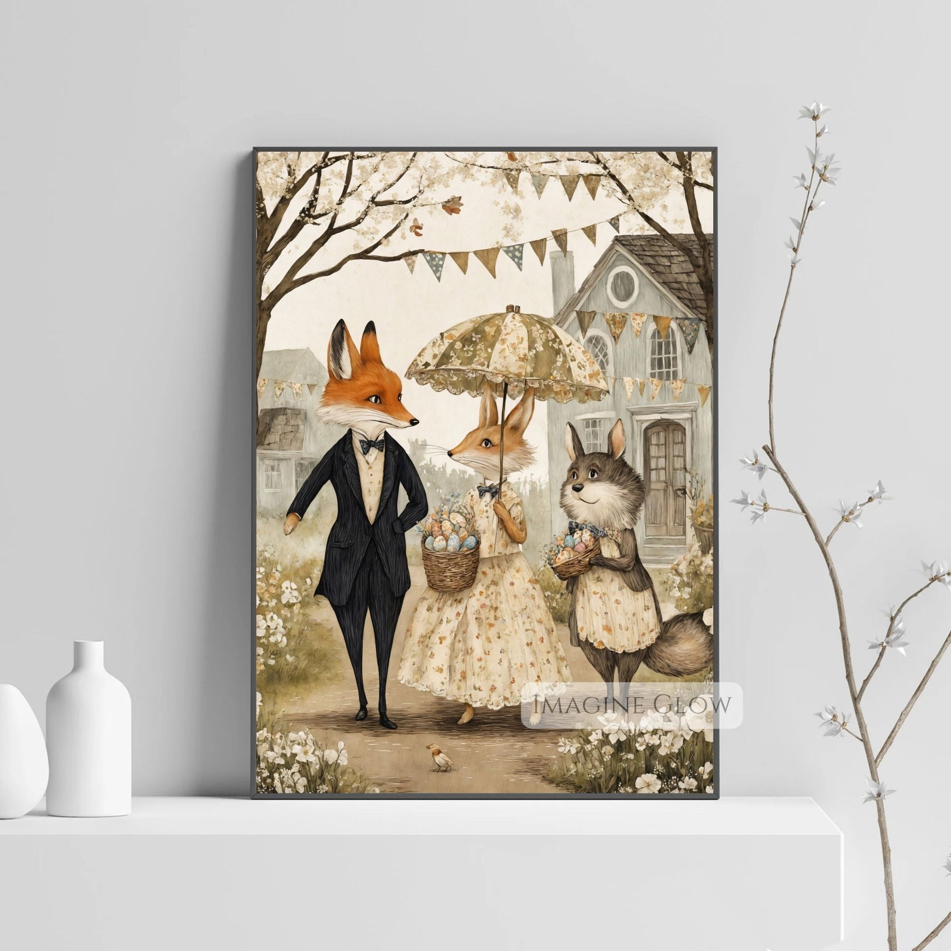 Vintage Easter Animal Print - Fox & Rabbit Illustration
