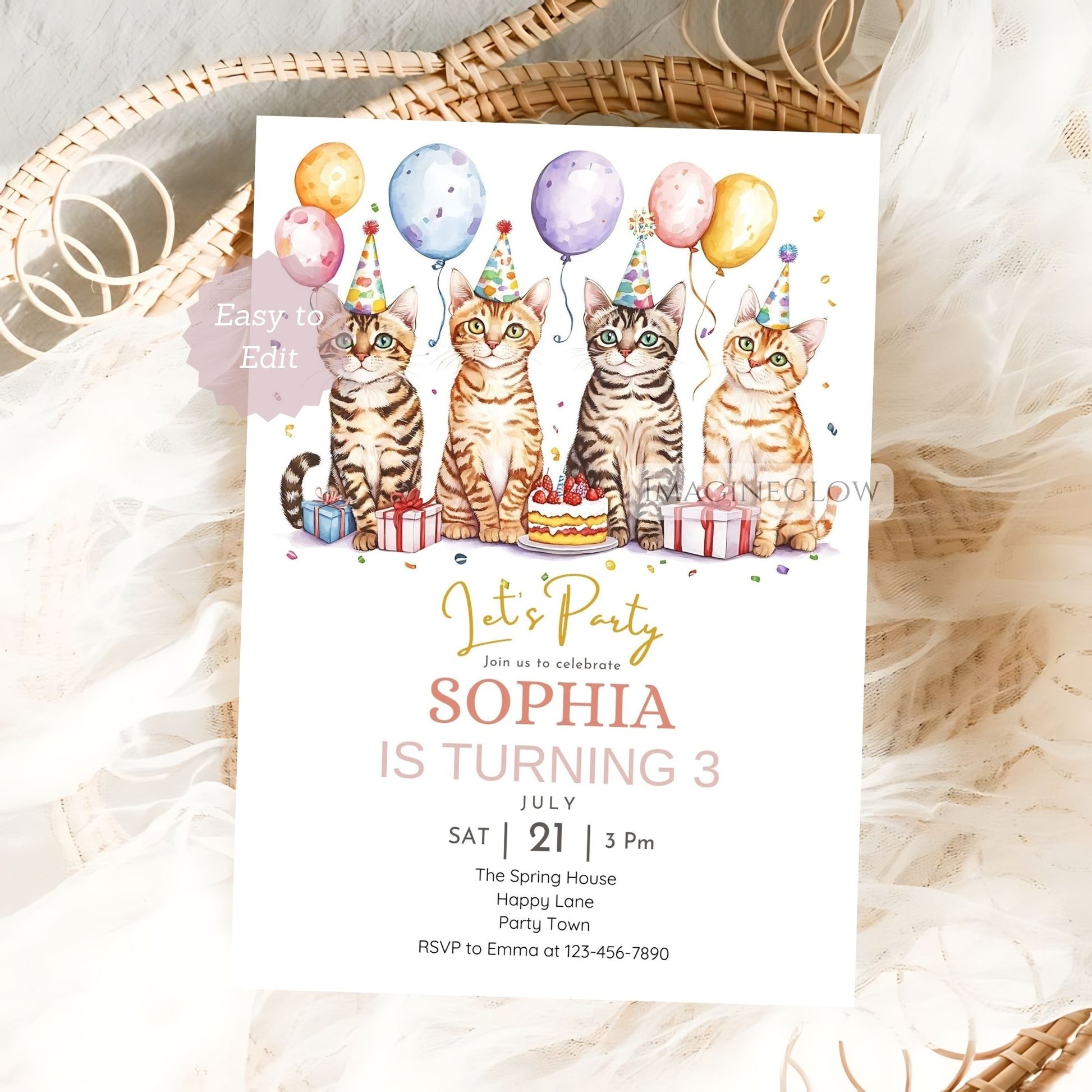 Jungle party birthday invitation with Bengal cat design
