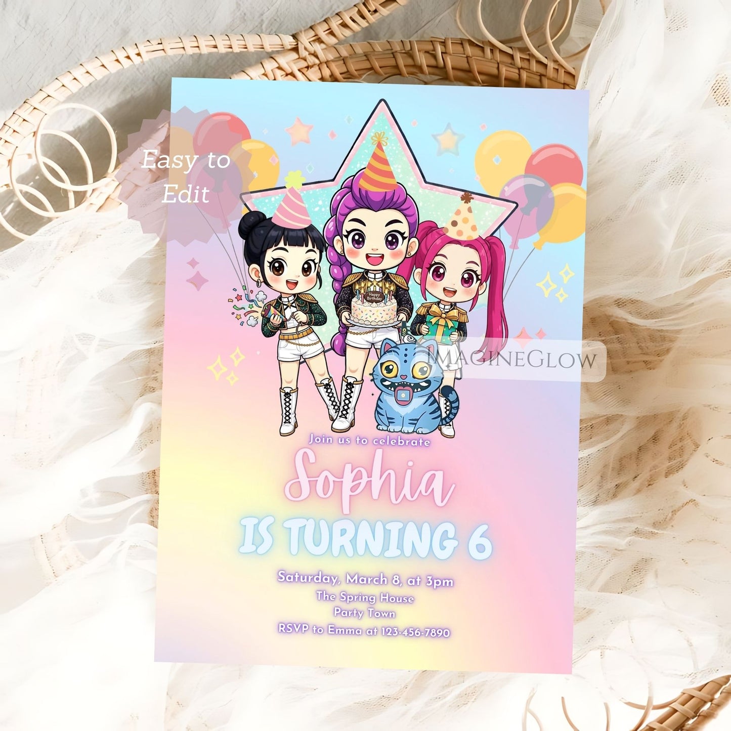 KPOP Demon Hunters birthday invitation featuring HUNTRIX anime girl
