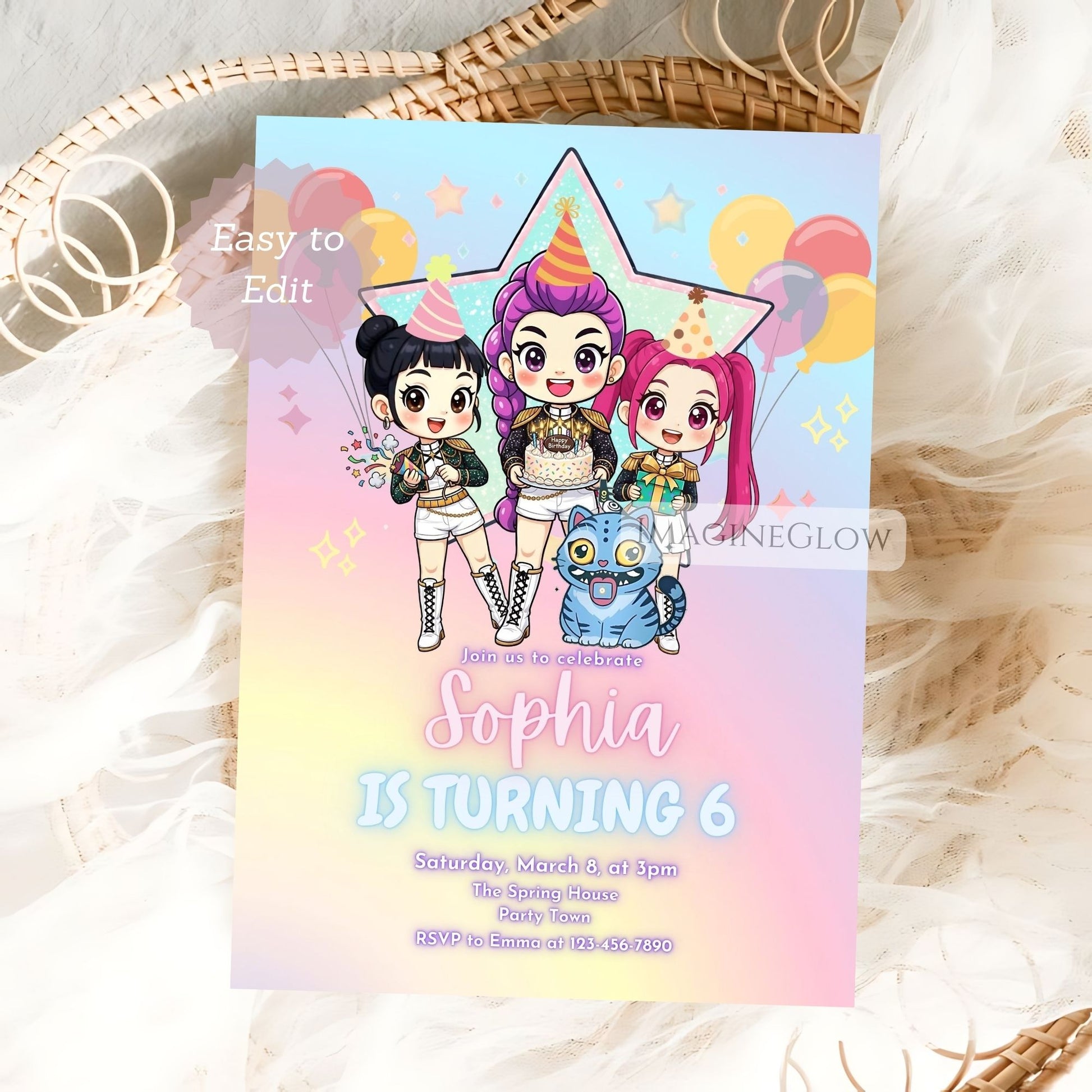 KPOP Demon Hunters birthday invitation featuring HUNTRIX anime girl
