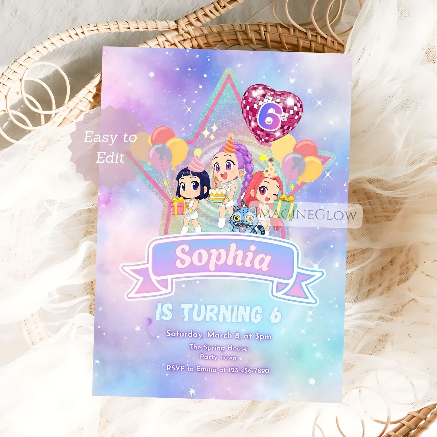 KPOP Demon Hunters birthday invitation featuring HUNTRIX anime girl
