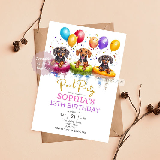 Dachshund Pool Party Birthday Invitation with a summer theme.
