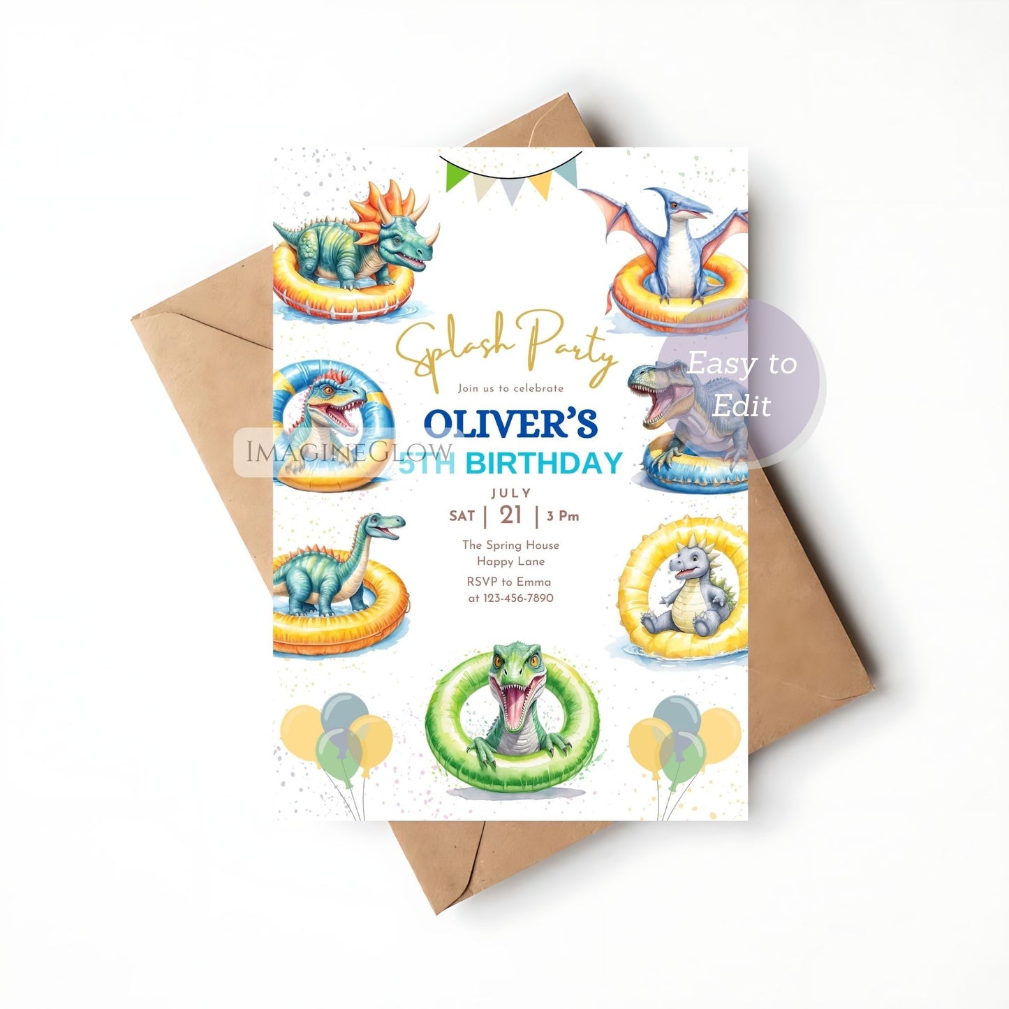 Birthday party invitation with dinosaur-themed graphics on a white background