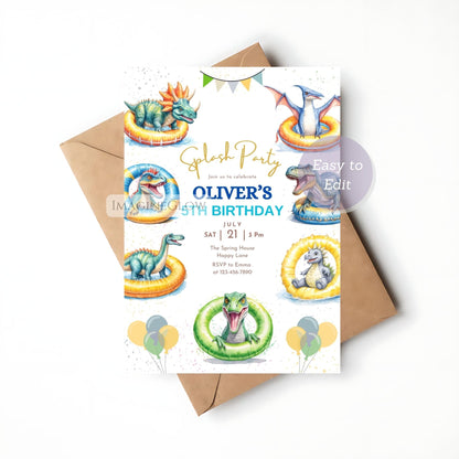 Birthday party invitation with dinosaur-themed graphics on a white background