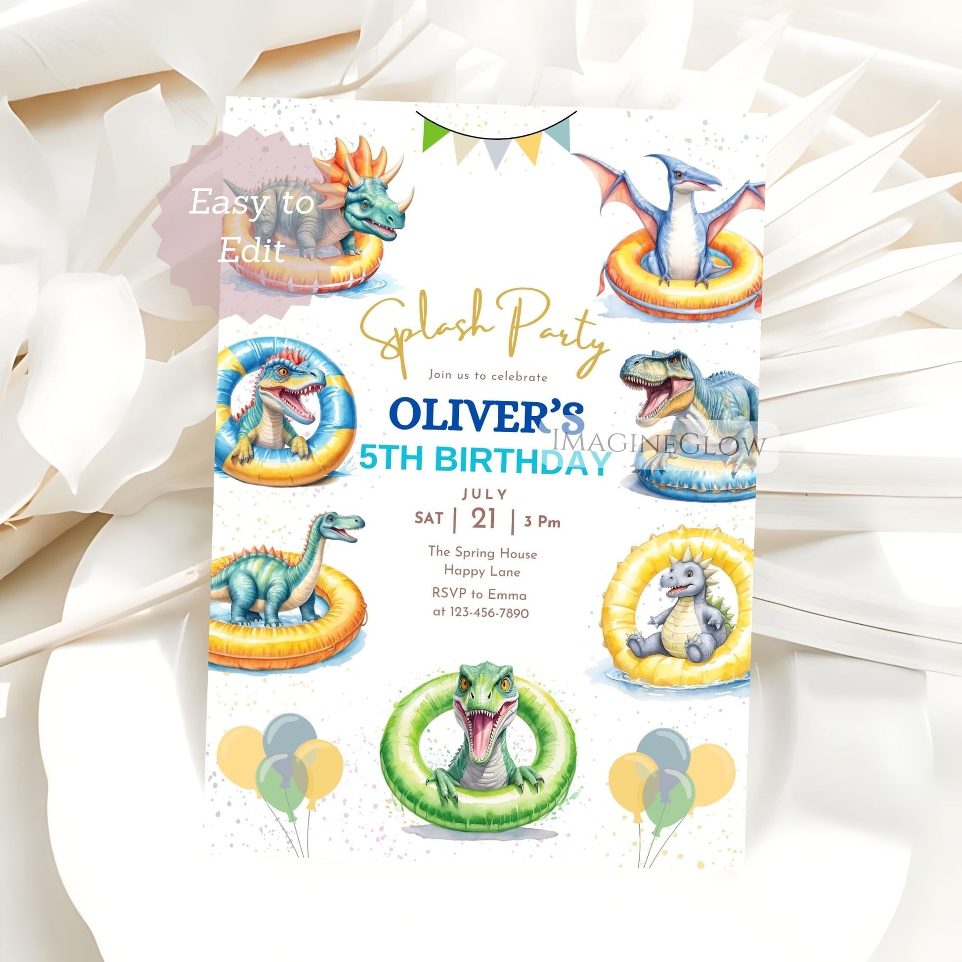 Birthday party invitation with dinosaur-themed inflatables on a white background