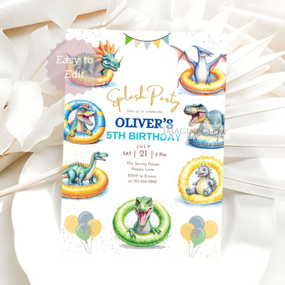 Birthday party invitation with dinosaur-themed inflatables on a white background