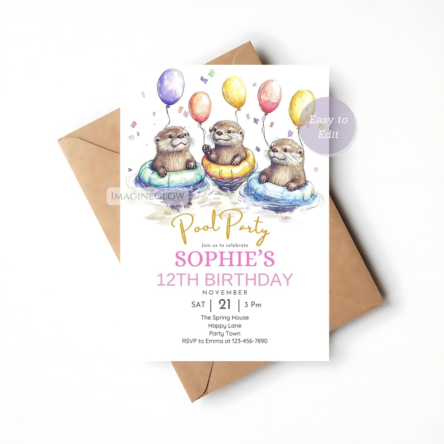 Otter Pool Party Birthday Invitation with a summer theme.
