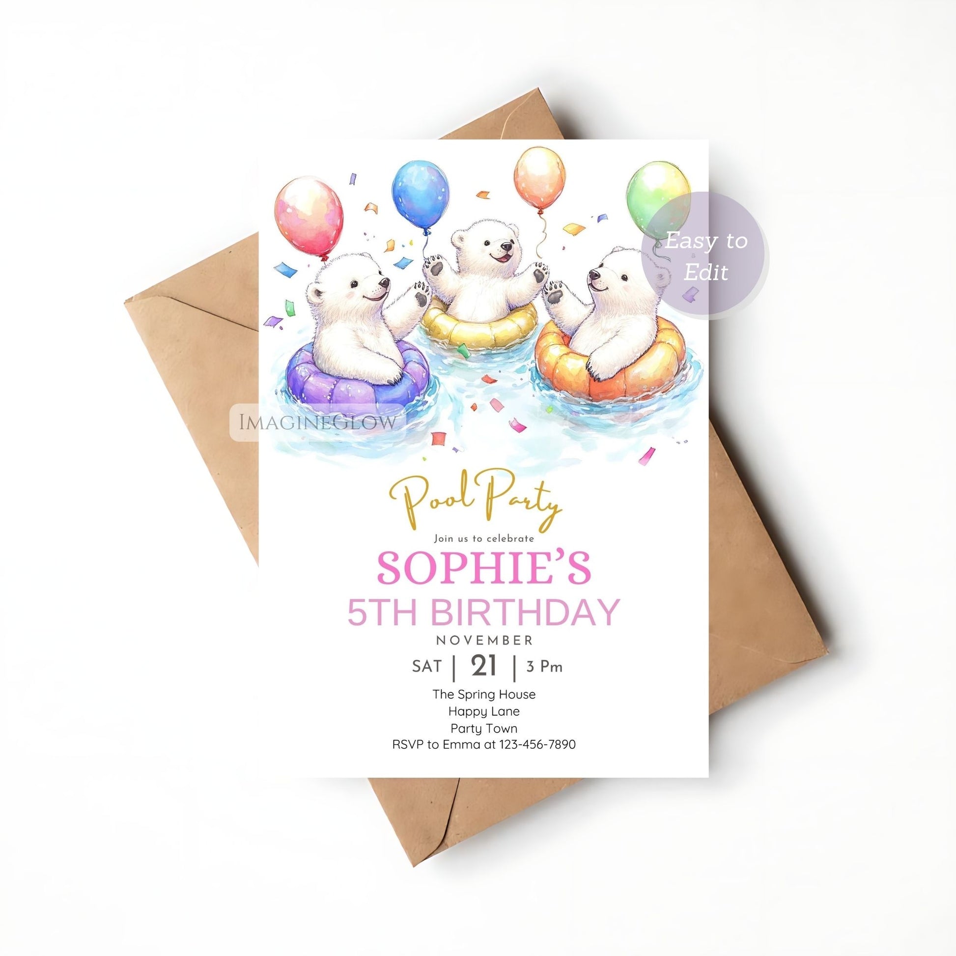 High-resolution polar bear invitation for beach and pool parties.
