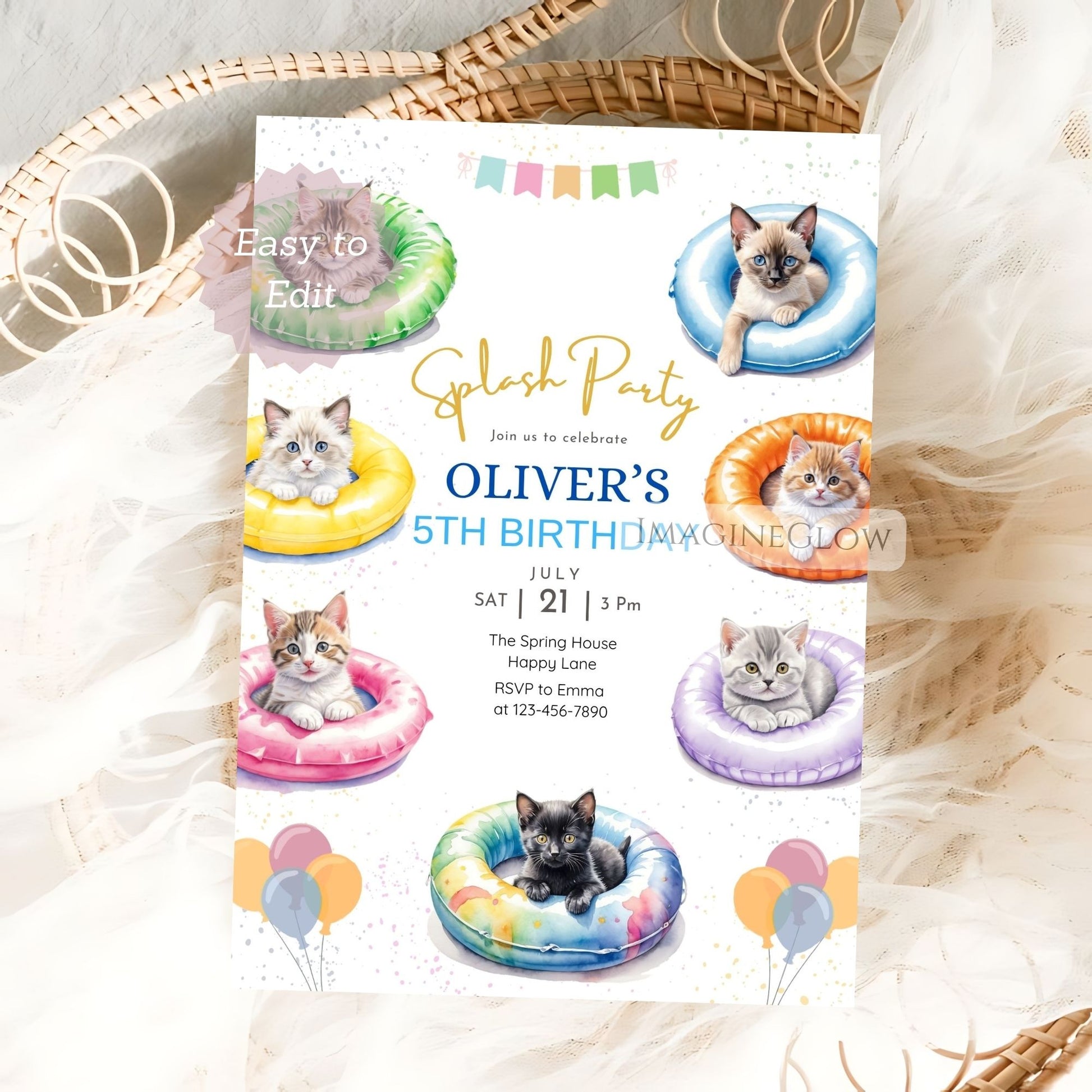 summer swim party cat invitation
editable kitten pool party invite