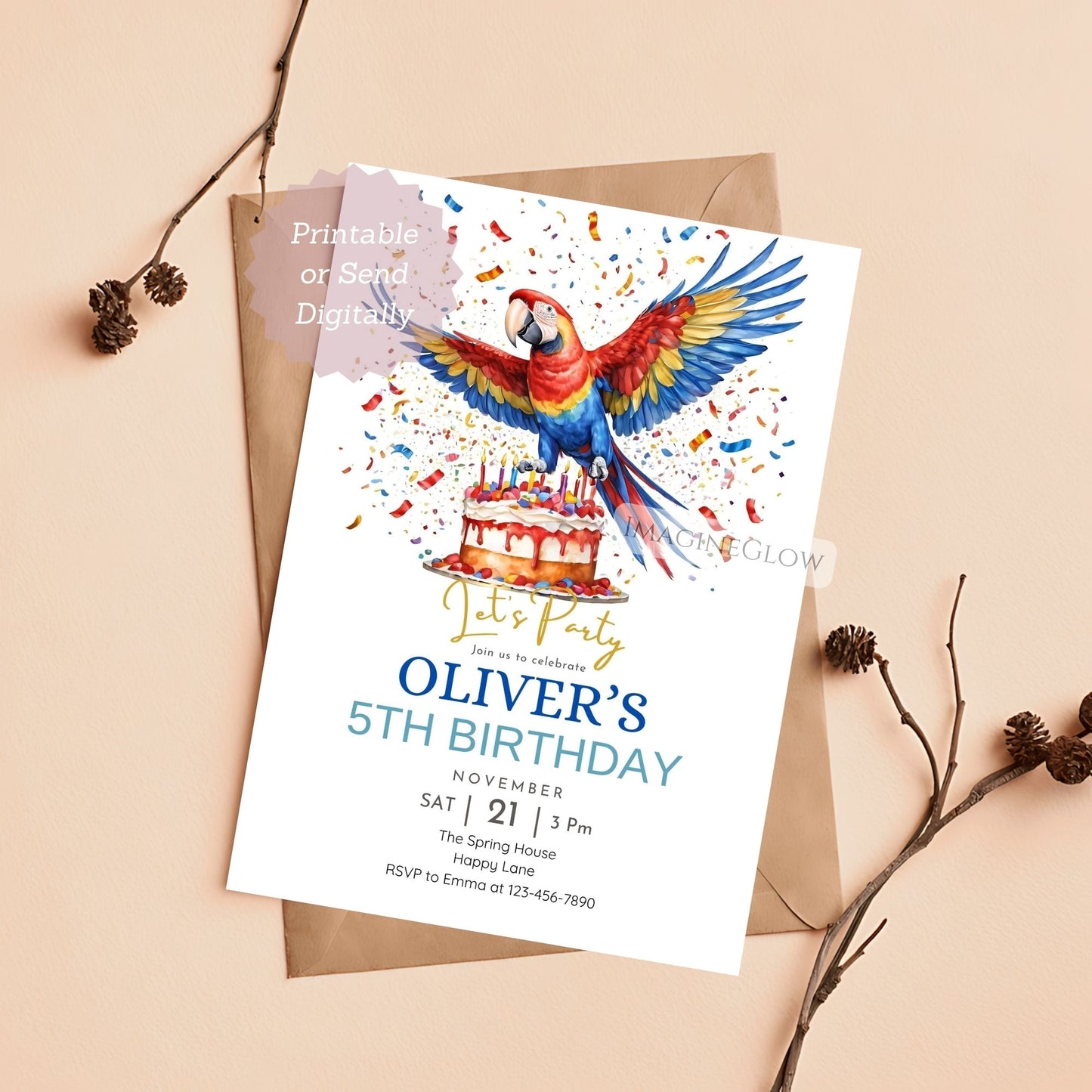 Birthday invitation card with a parrot and cake design on a beige background