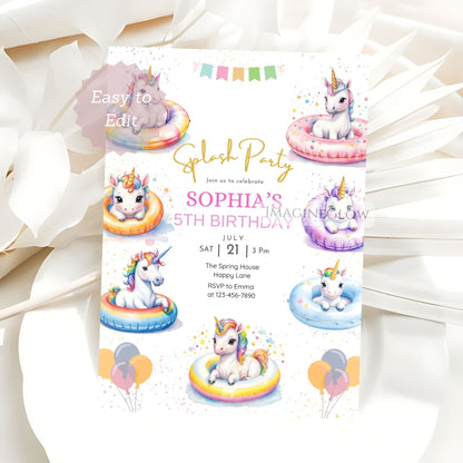 unicorn pool party birthday invitation
magical summer unicorn invite
editable unicorn pool party invite
