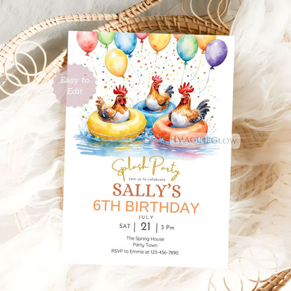 Chicken Pool Party Birthday Invitation – Rooster Swim Party Invite