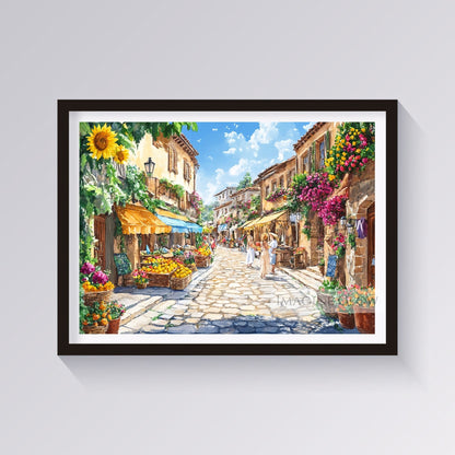 Charming outdoor market street with fresh produce and colorful flowers.
