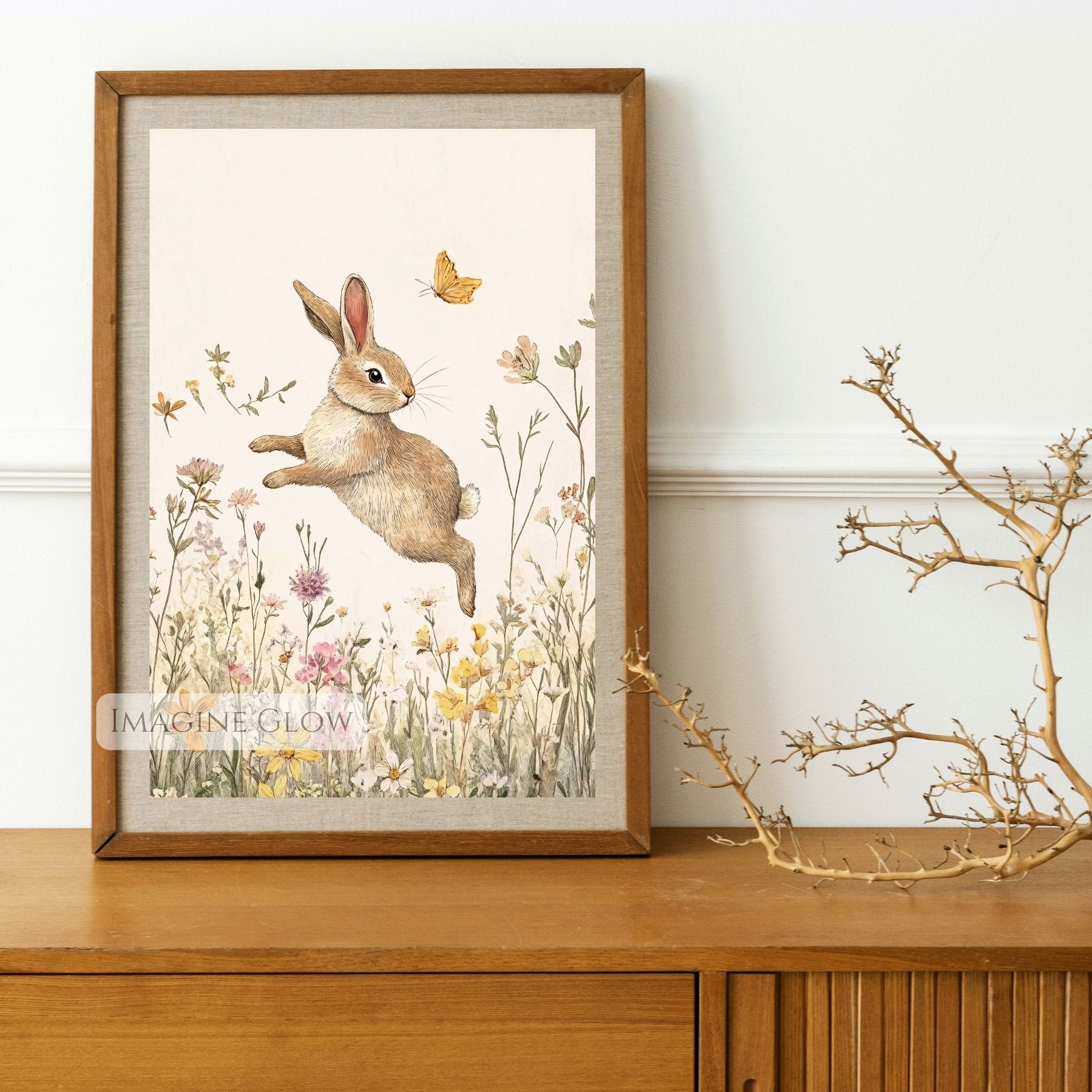 Bunny and blooming wildflowers, whimsical baby room art.
