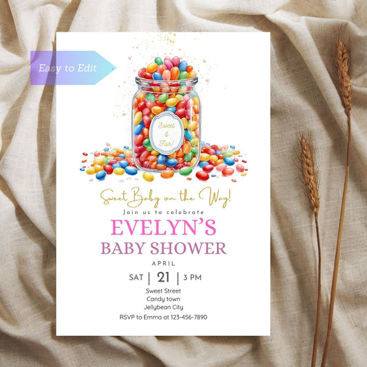 Sweet and colorful baby shower invitation with jellybean style.