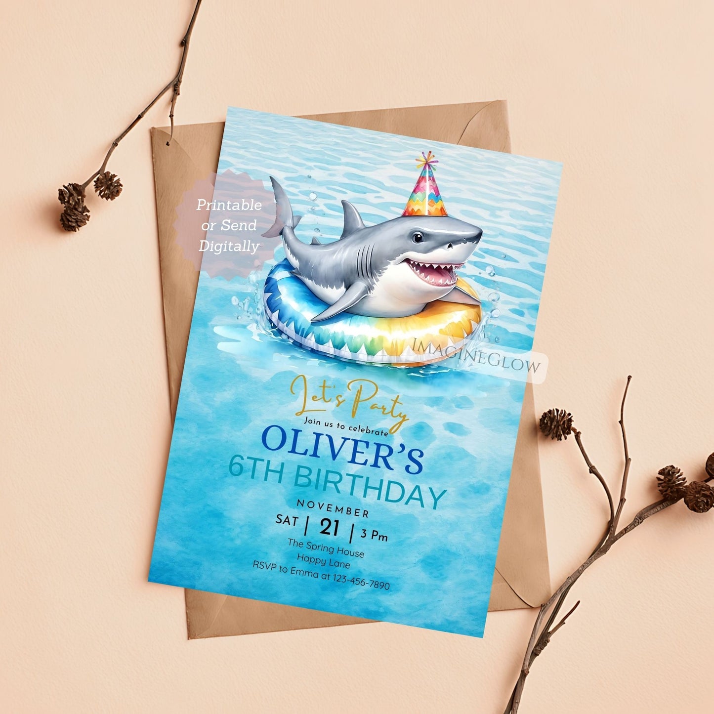 shark pool party birthday invitation
ocean themed kids party invite
