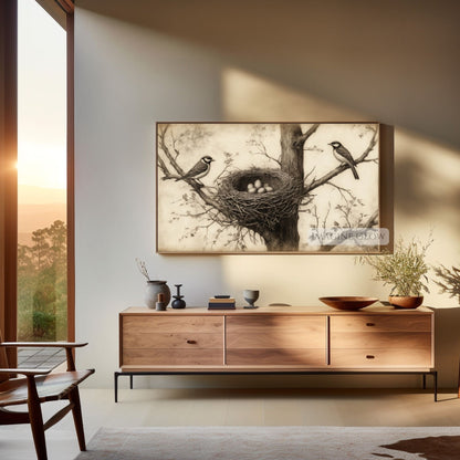 Bird nest and eggs vintage digital art for Frame TV decor
