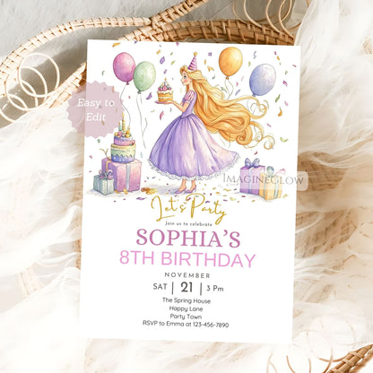 Tangled-themed birthday invitation with Rapunzel for girls
