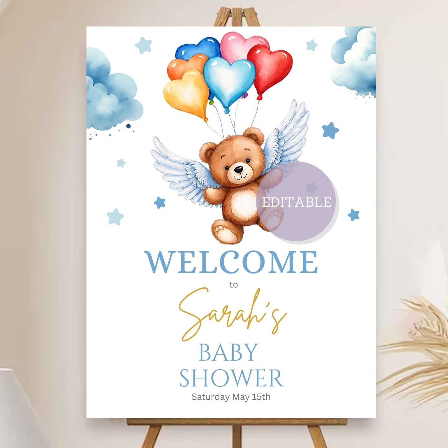 Teddy bear baby shower welcome sign with angel balloons design for a gender-neutral party.
Editable baby shower poster with a bear and angel balloons, perfect for a neutral bear welcome.