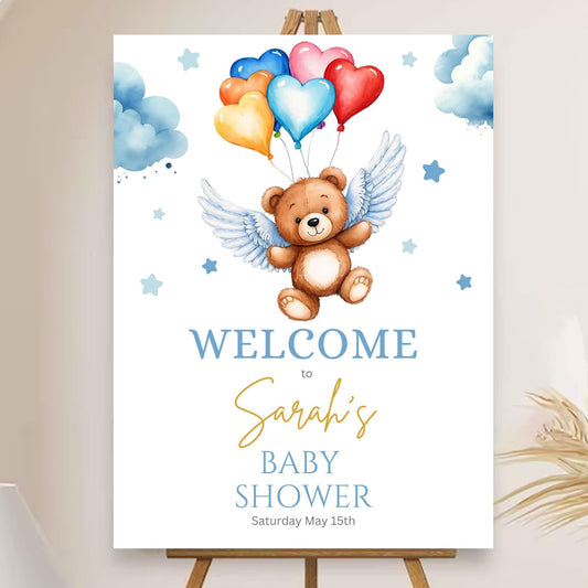 Baby shower party template with angel balloons and teddy bear.
