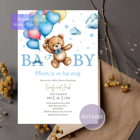 Teddy bear balloons baby shower invitation with a blue first birthday design.