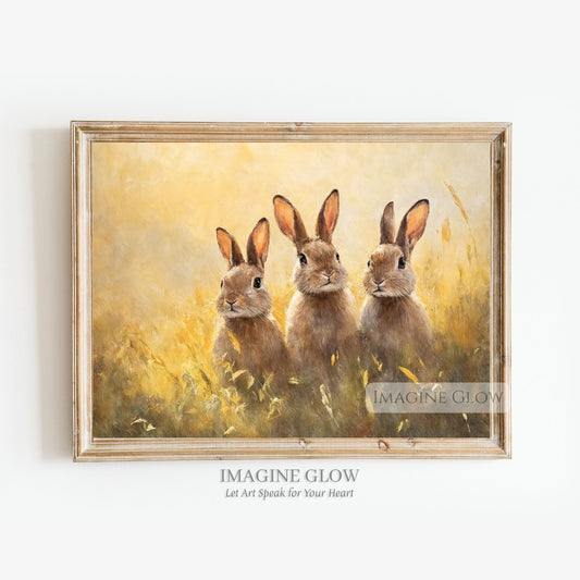 Three bunnies at sunset - vintage rabbit art
