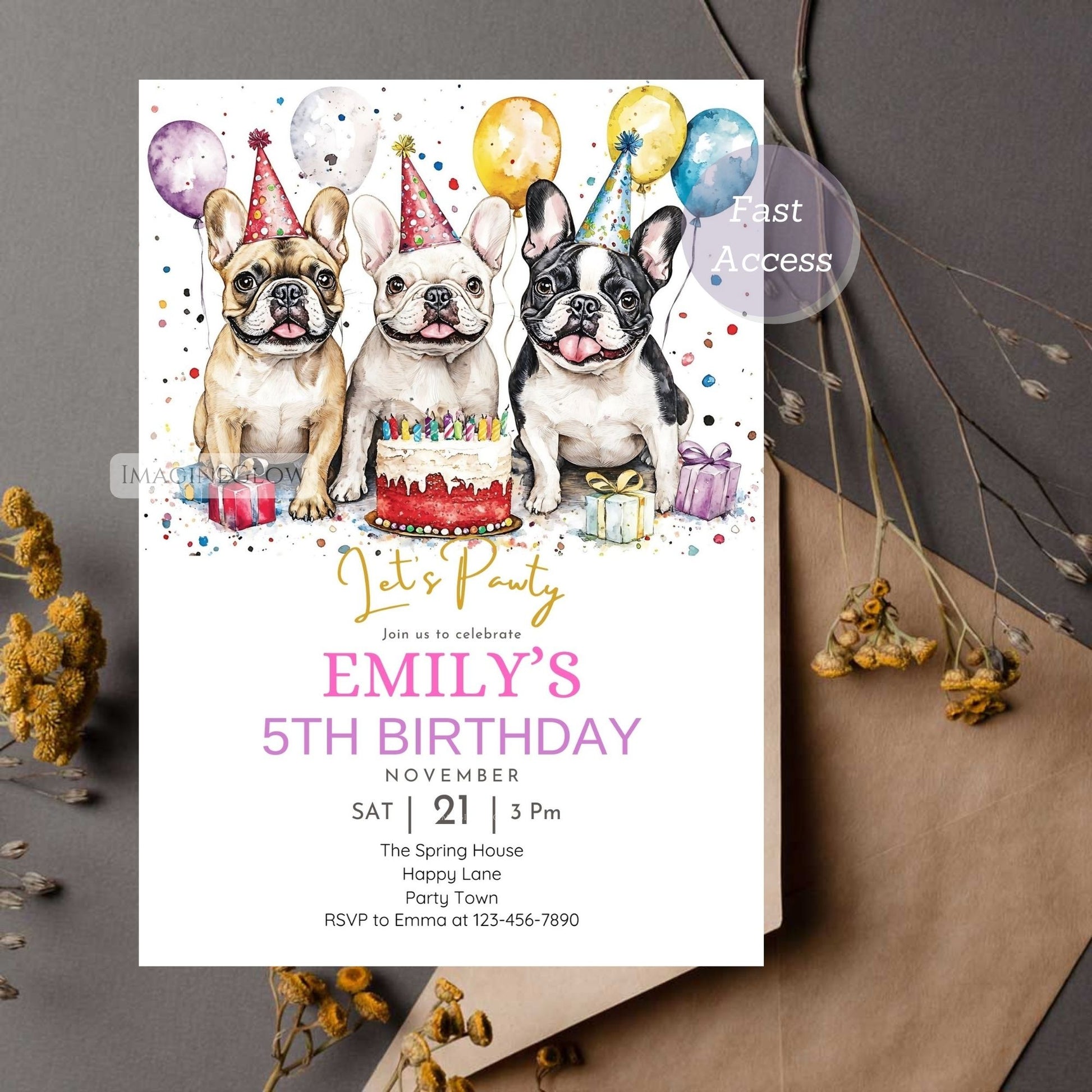 Adorable French bulldog birthday invitation for kids
