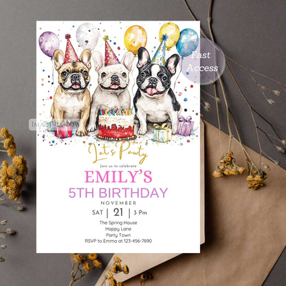 Adorable French bulldog birthday invitation for kids
