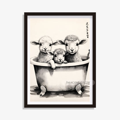 Rustic farmhouse bath print featuring three cute lambs
