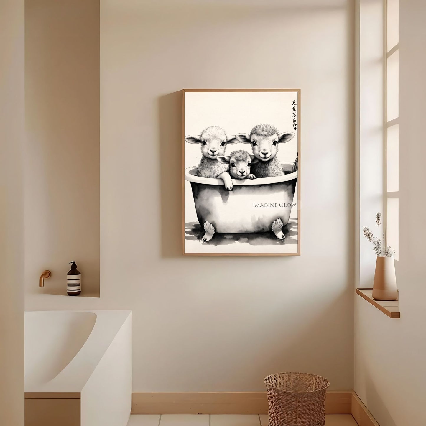 Country-style bathroom wall art with lambs in a tub
