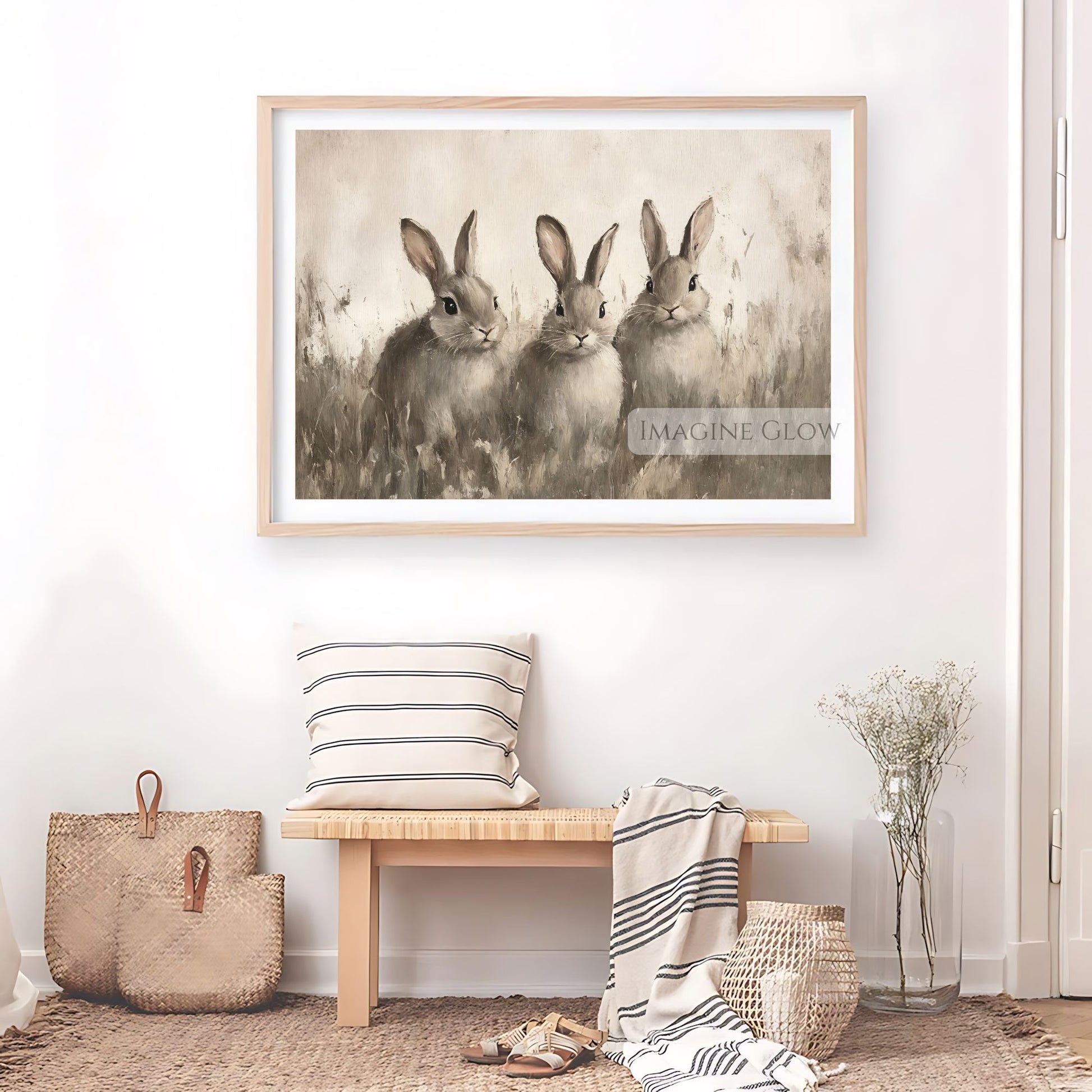 Peaceful wildlife painting of three rabbits in nature
